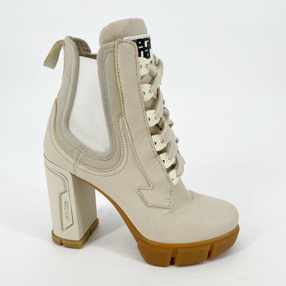 Prada Beige Buffalo Neoprene Lace Up Chelsea 110mm Heeled Ankle Boot Talco IT 36 - Picture 3 of 15